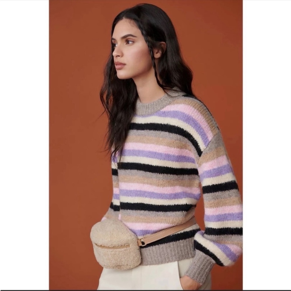 Anthropologie Striped Oversized Sweater Pink Black Crewneck Size Small NWT
